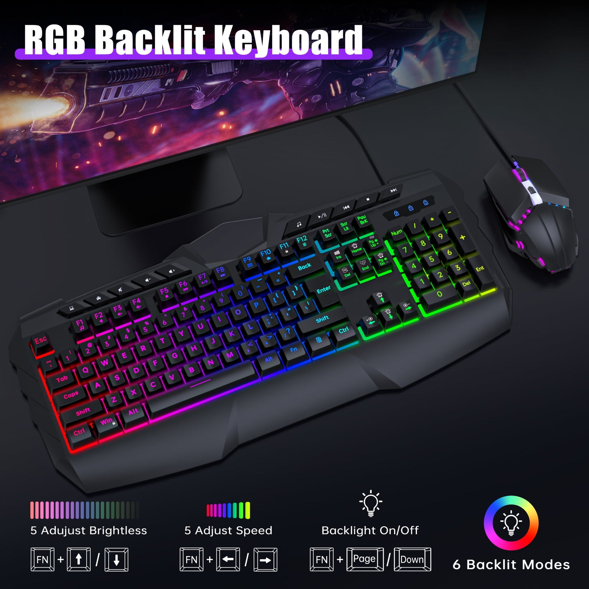Ultimate Wired Gaming Keyboard and Mouse Combo - LED RGB Backlit 114 Keys Mechanical Feel with Anti-Ghosting and Multimedia Keys for PC Gamers