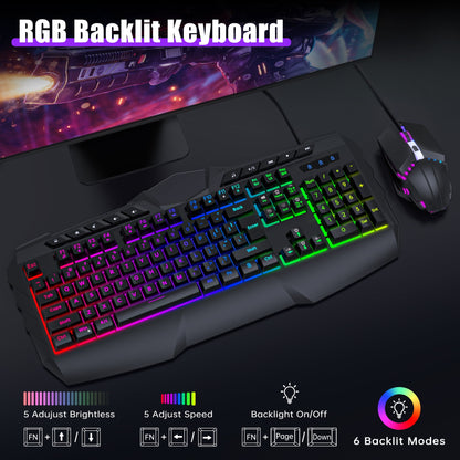 Ultimate Wired Gaming Keyboard and Mouse Combo - LED RGB Backlit 114 Keys Mechanical Feel with Anti-Ghosting and Multimedia Keys for PC Gamers