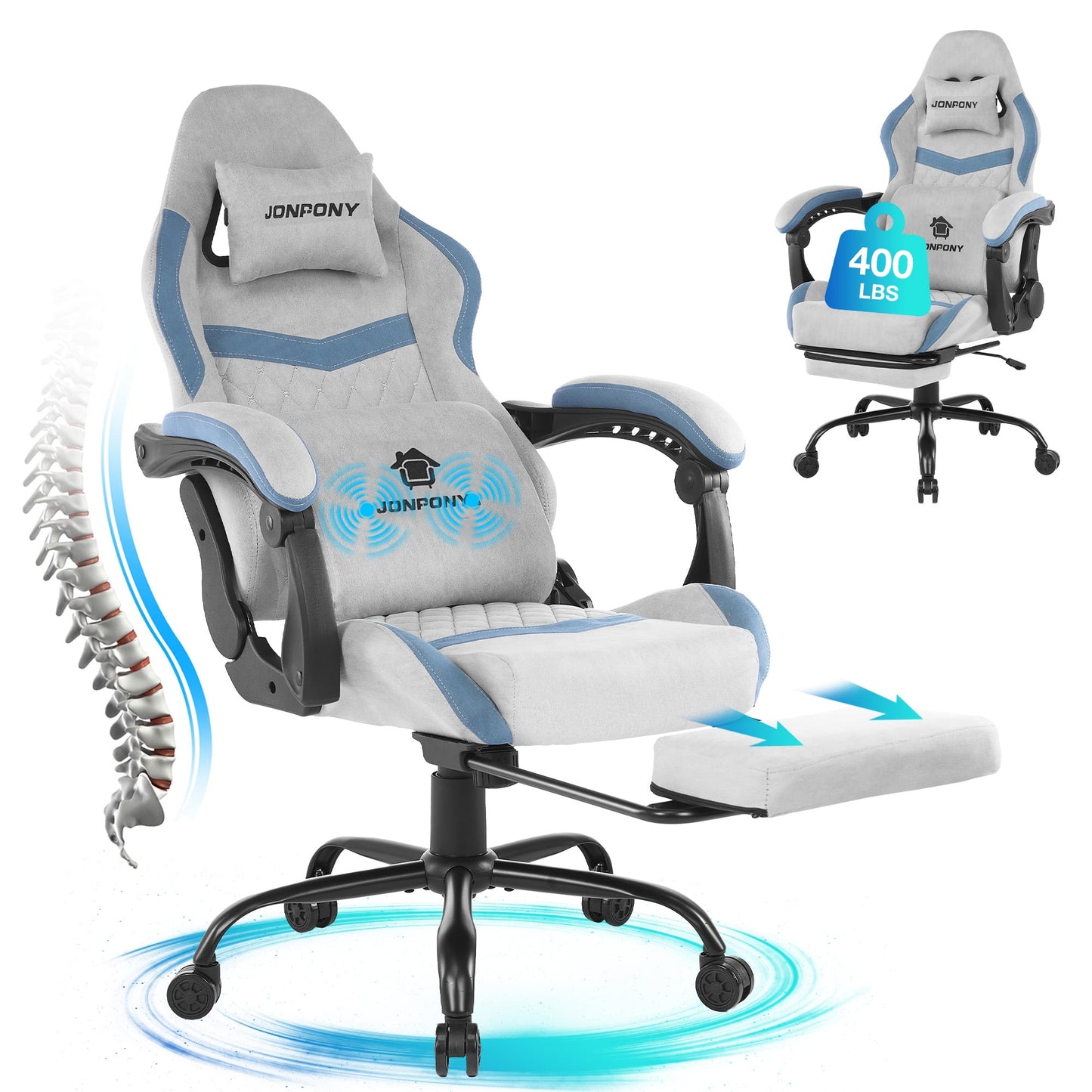Ultimate Big and Tall Gaming Chair with Footrest and Massage Support - Adjustable, Ergonomic Design in Stylish Grey