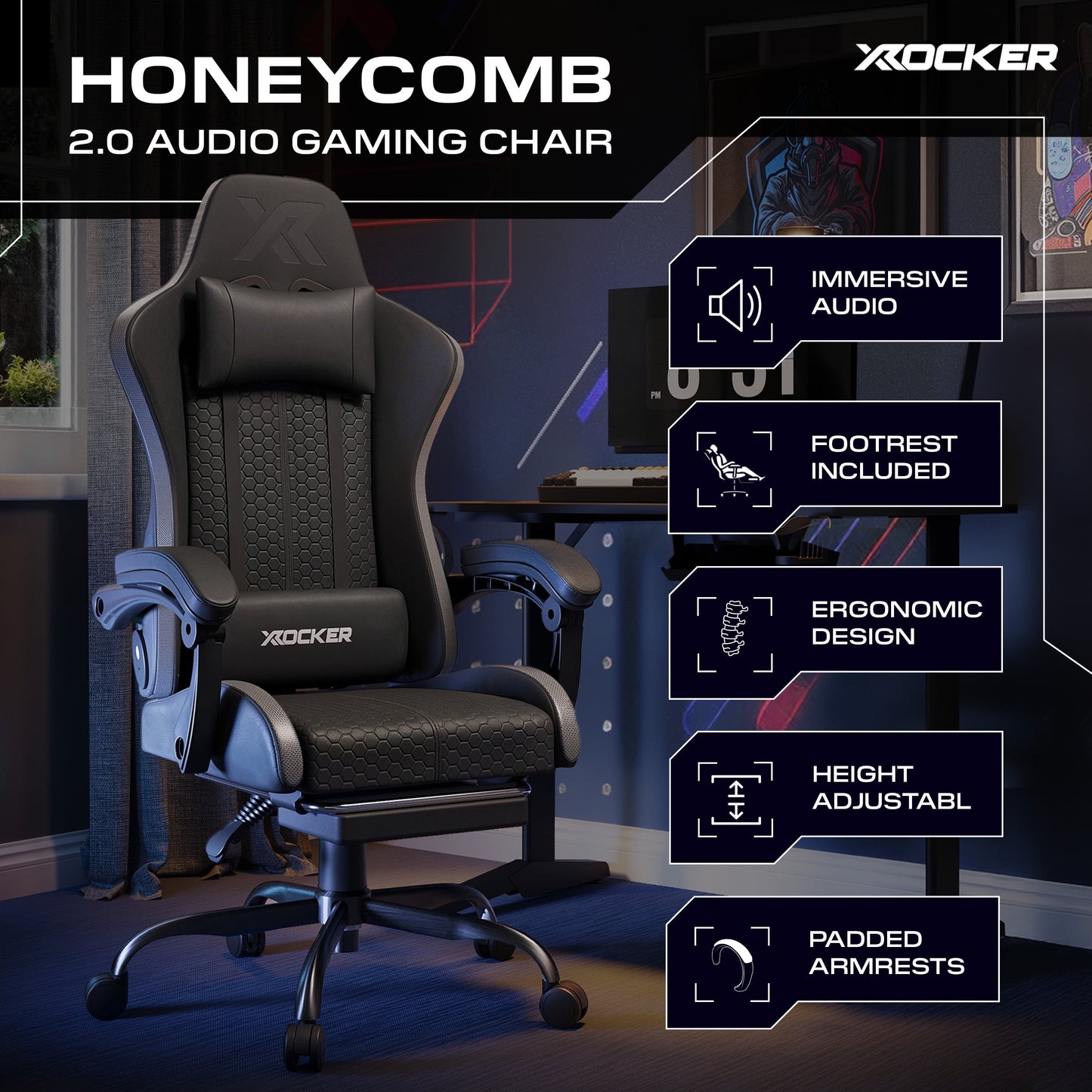 Ultimate Comfort with the Honeycomb Black Faux Leather Gaming Chair - Ergonomic Design for Gamers and Professionals