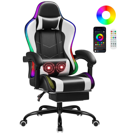 Experience Ultimate Comfort and Style with the RGB Gaming Chair - Ergonomic Design, LED Lights, and Massage Support in White