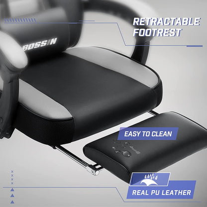 Ultimate Gaming Chair with Footrest and Massage - Ergonomic PU Leather Design for Big and Tall Gamers, Featuring Headrest and Lumbar Support
