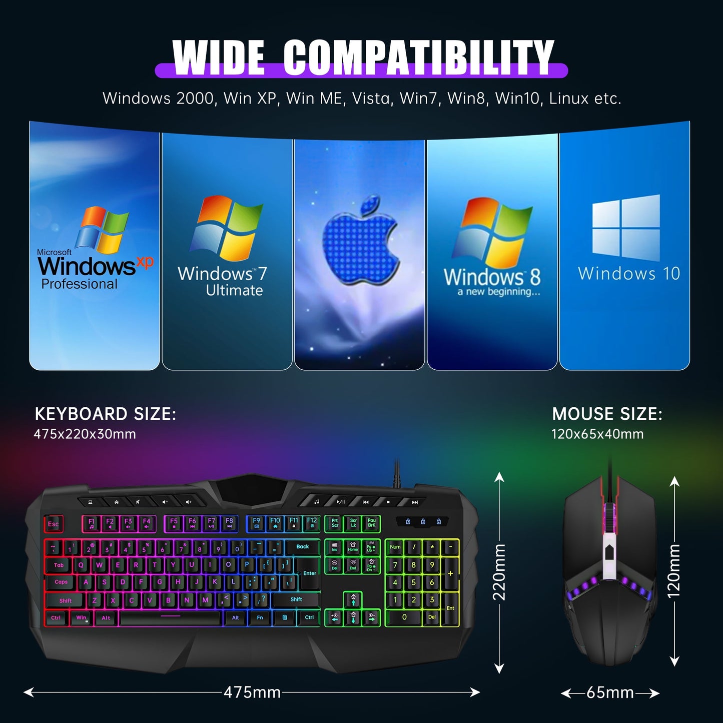 Ultimate Wired Gaming Keyboard and Mouse Combo - LED RGB Backlit 114 Keys Mechanical Feel with Anti-Ghosting and Multimedia Keys for PC Gamers