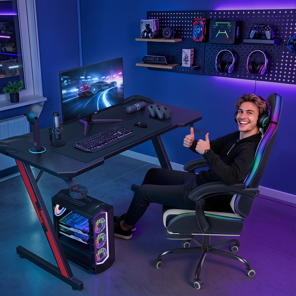 Experience Ultimate Comfort and Style with the RGB Gaming Chair - Ergonomic Design, LED Lights, and Massage Support in White