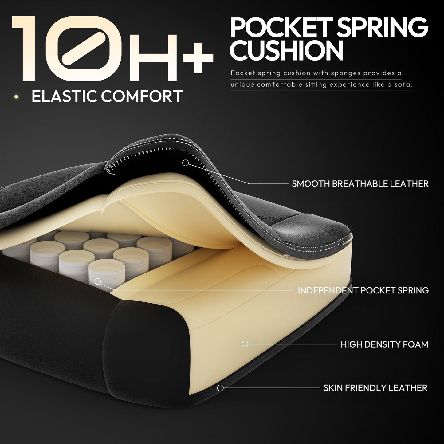 Ultimate Comfort Gaming Chair with Pocket Spring Cushion - Ergonomic Design, Adjustable Features, and Massage Lumbar Support for Office and Gaming Enthusiasts - Supports Up to 300 lbs in Sleek Black